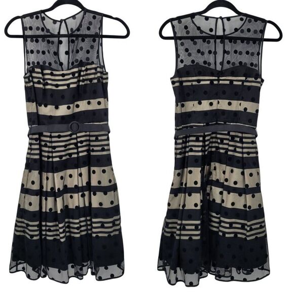 Eliza J Illusion Dot Charmeuse Fit & Flare Dress Sz 6 Black Retro 60s Party - Picture 2 of 13